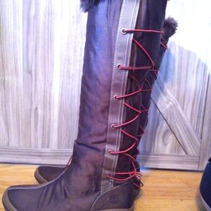 Like New RareTimberland Knee-High Back-Lace Boots with Side Zipper Brown and Red